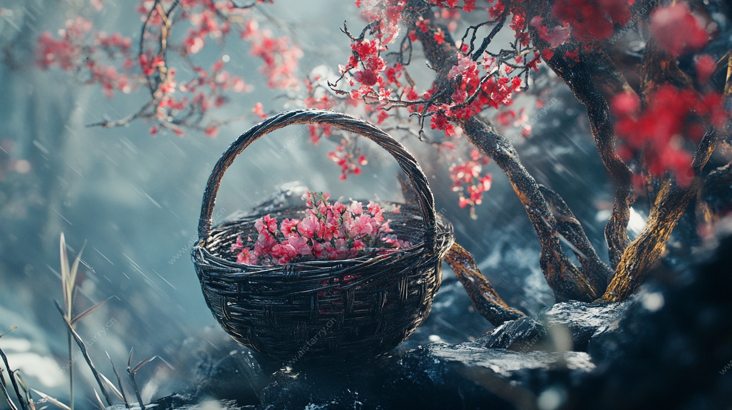 红梅满篮的诗意自然场景