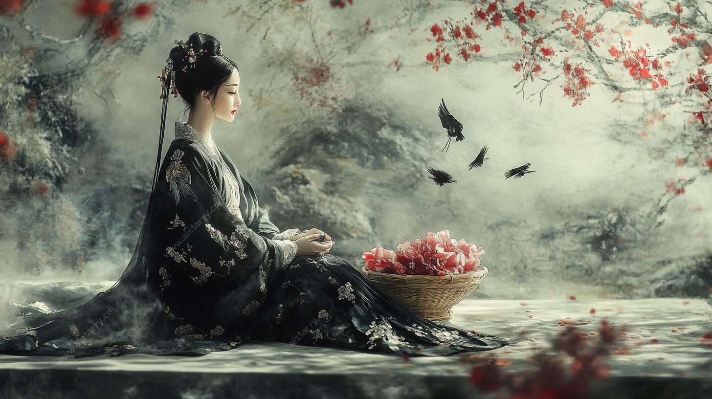 古风女子坐赏繁花飞鸟
