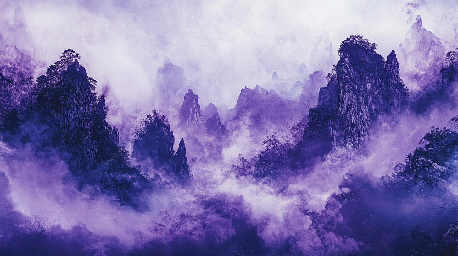 梦幻紫色云雾缭绕山峰