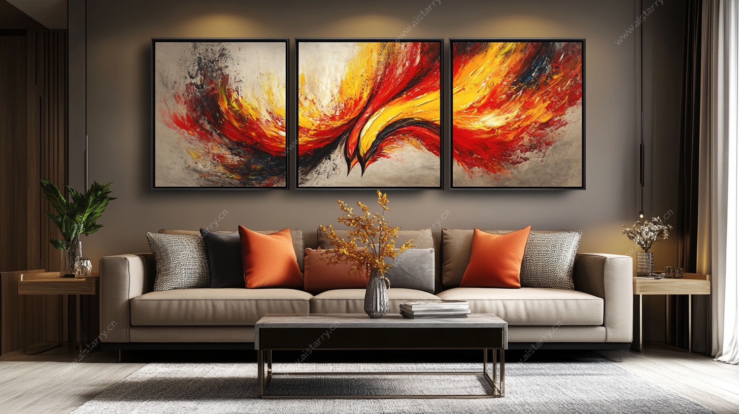 现代客厅中的火焰飞鸟挂画