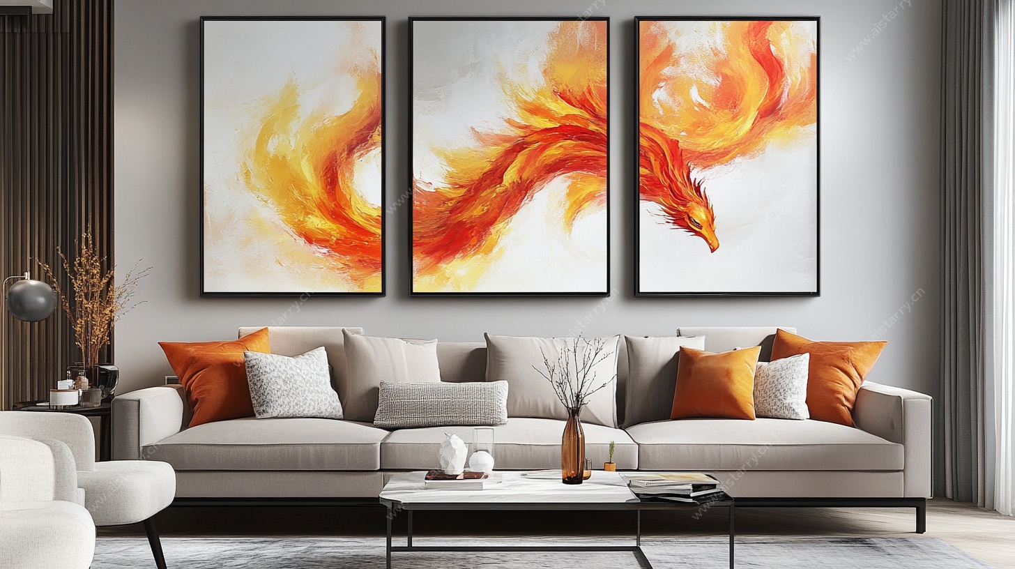 客厅三联火焰凤凰挂画