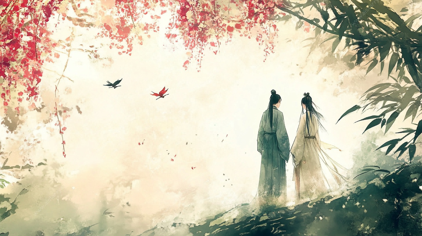 古风情侣漫步诗意场景