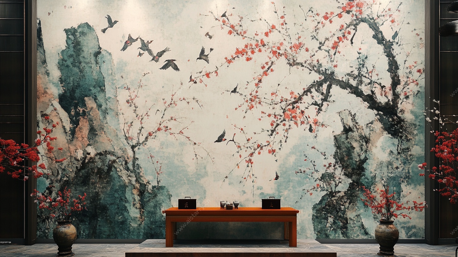 中式山水壁画茶室场景