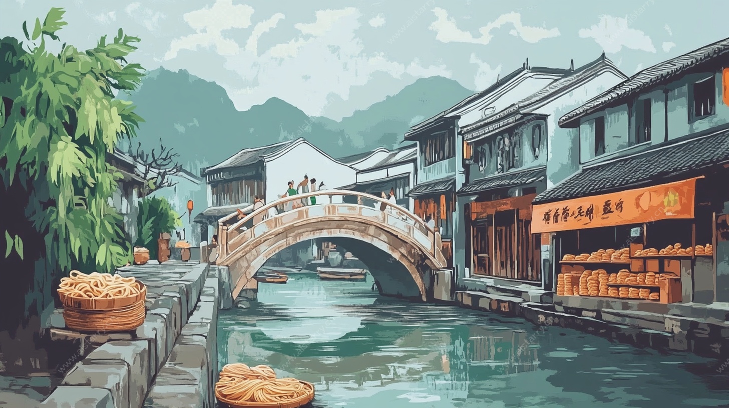 江南水乡古桥河畔风景图