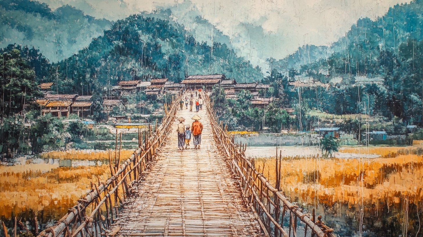 山水间木桥行人风景图