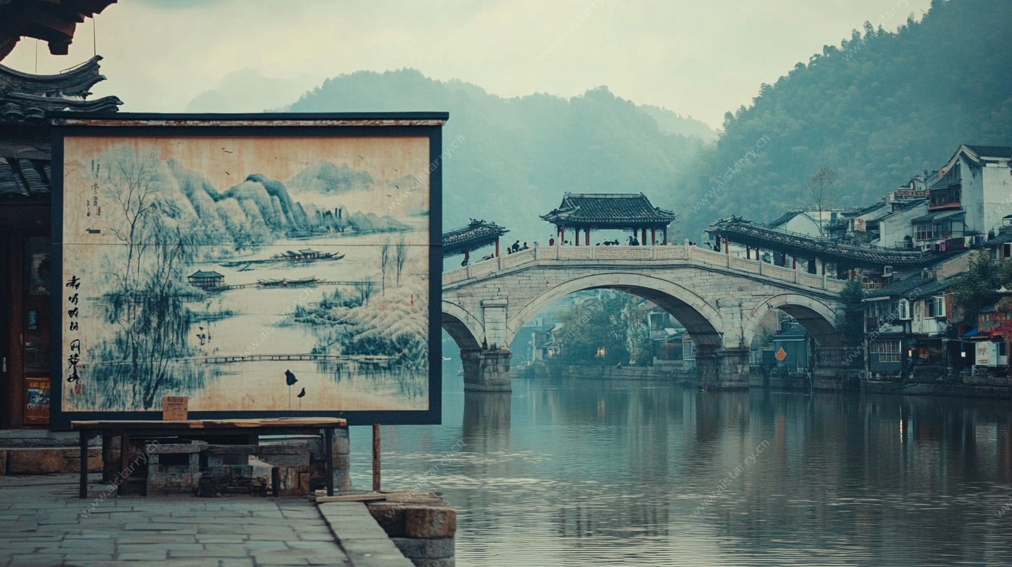 水墨山水古镇风景画卷