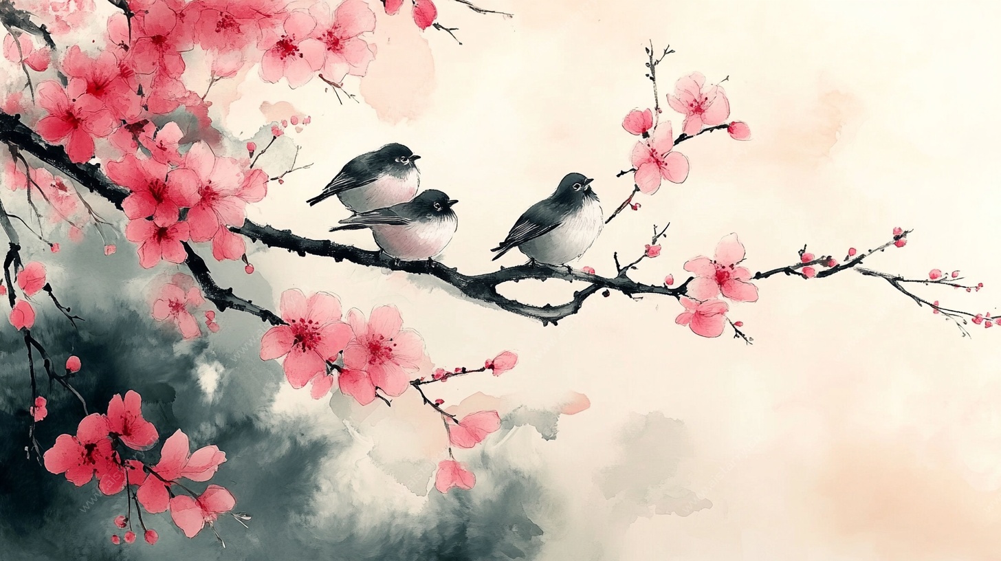 水墨桃花栖双鸟
