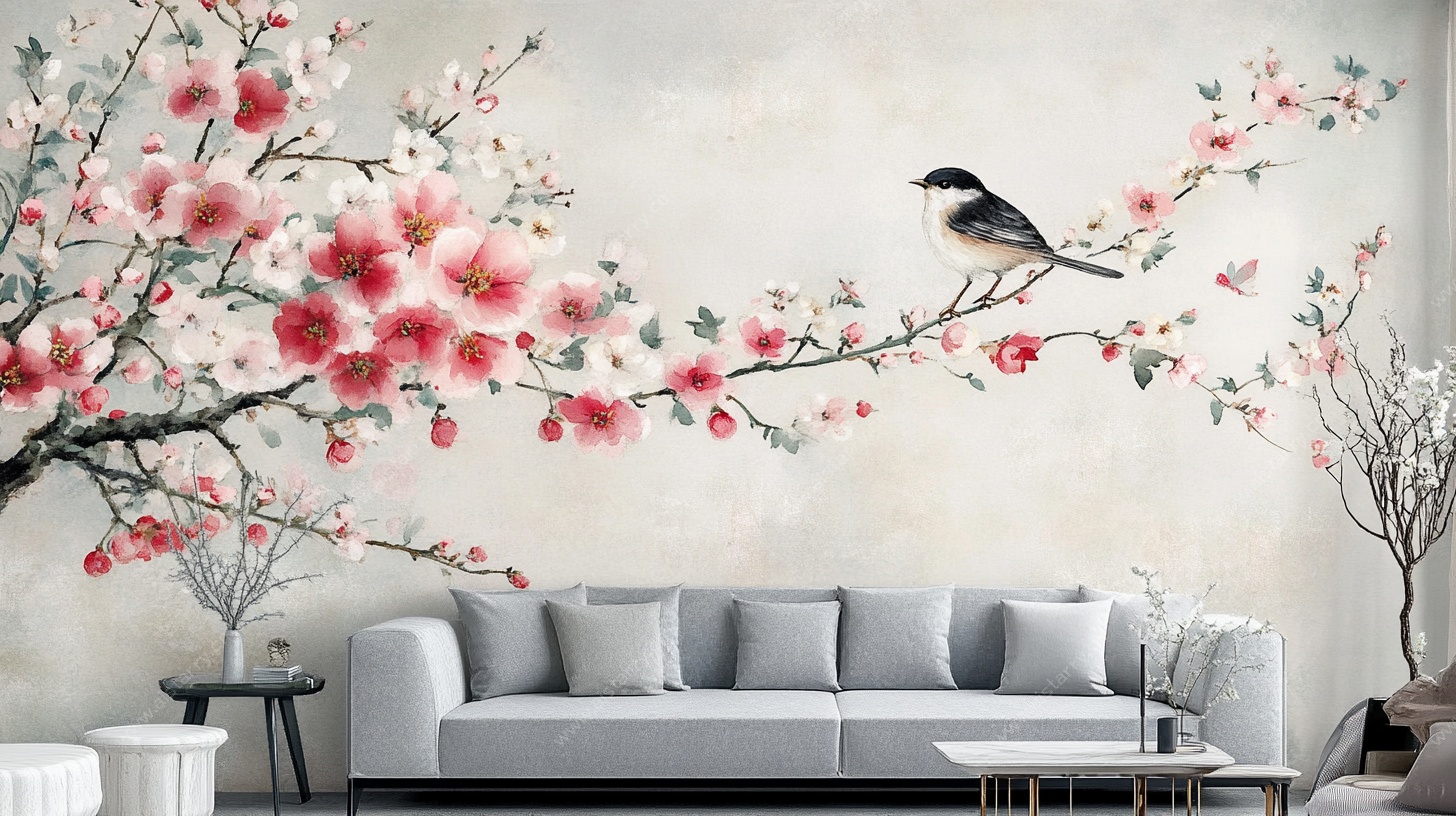 中式花鸟沙发背景墙