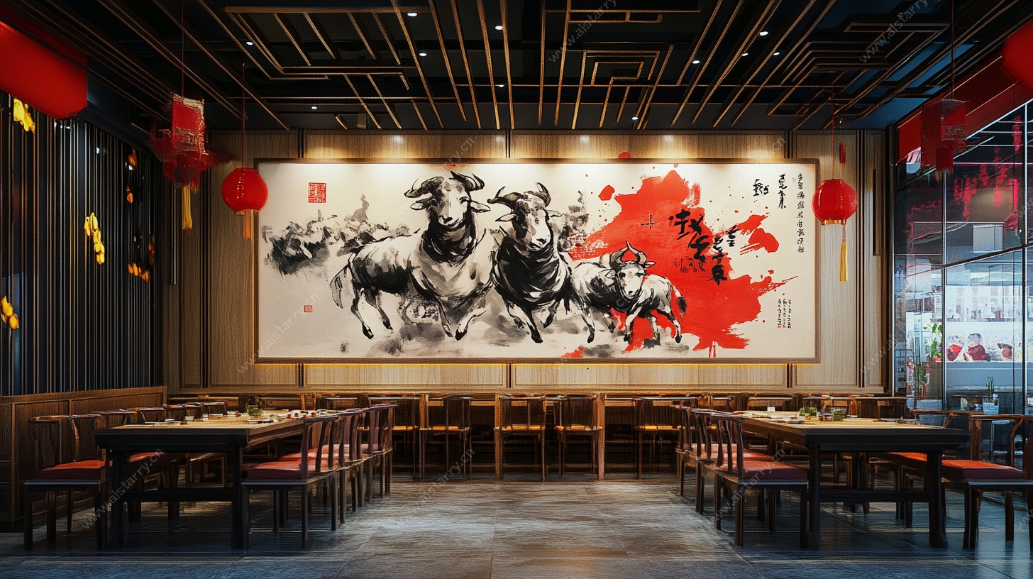 中式餐厅内景 牛主题装饰