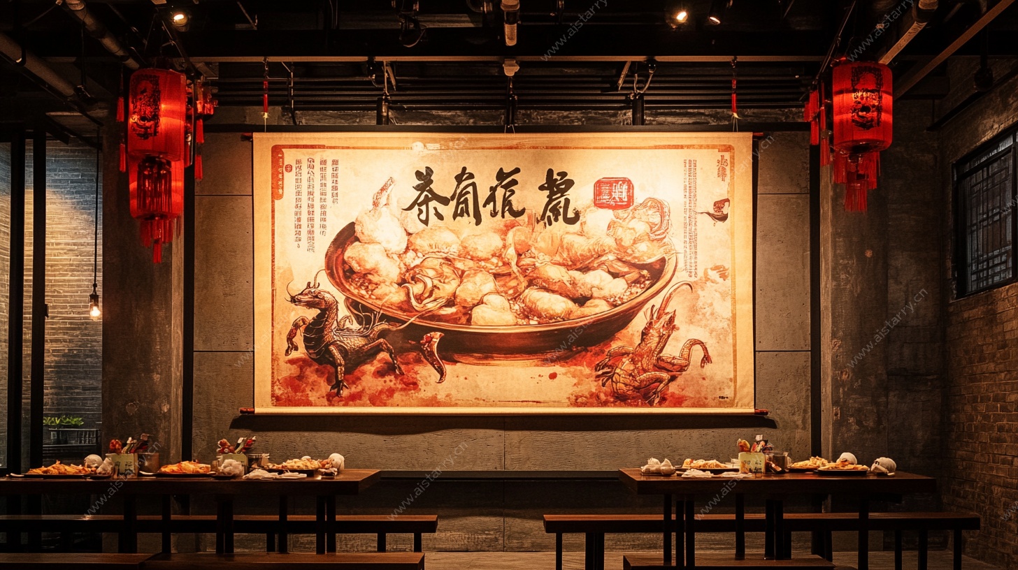 中式餐厅复古风美食壁画