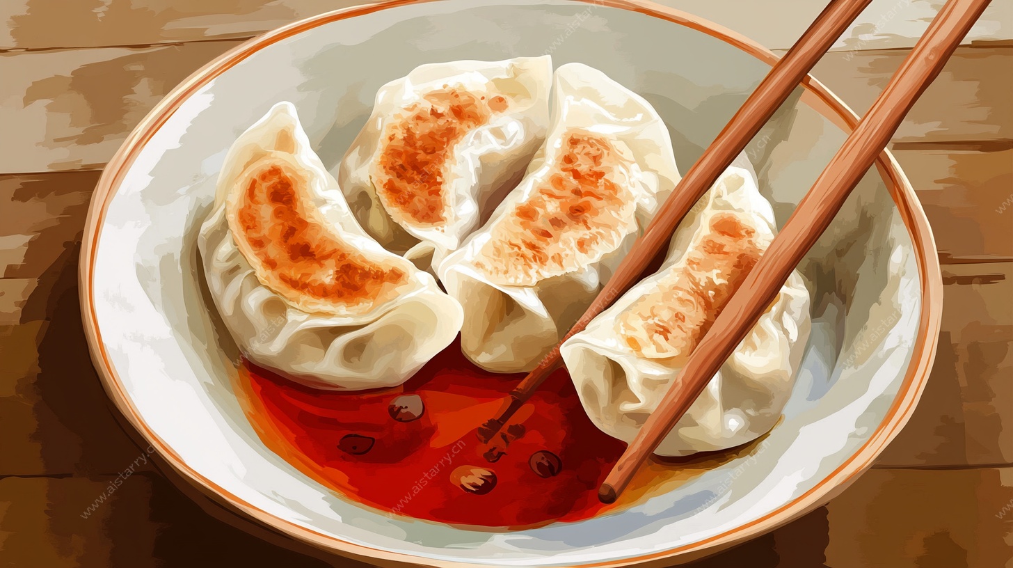 煎饺配蘸料与筷子画面