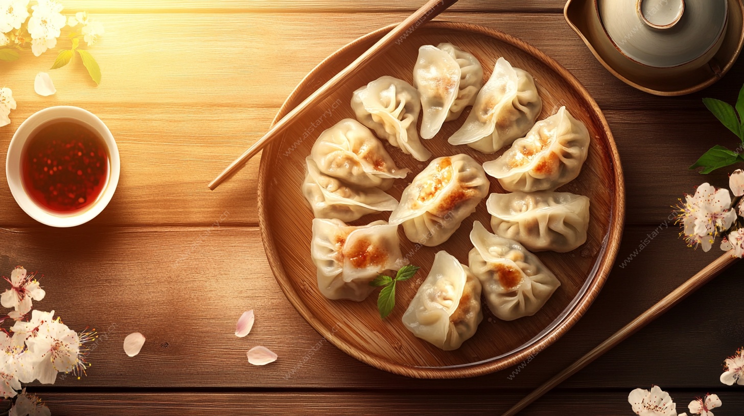 中式木桌摆精致美味饺子