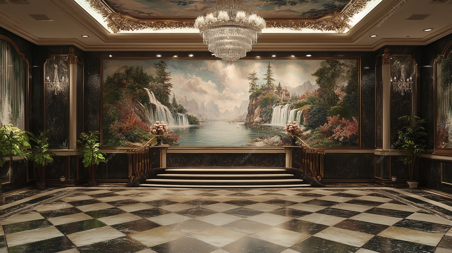 豪华大厅内的山水壁画景观