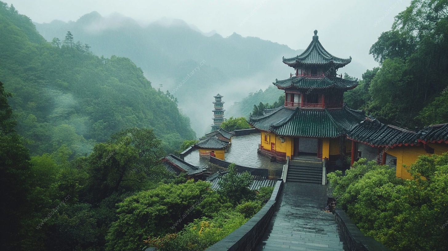 山间古寺云雾缭绕之景