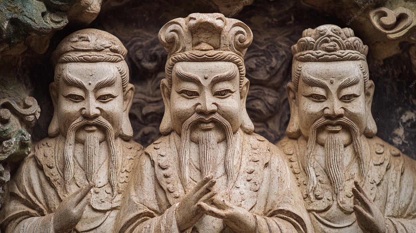 三尊古代人物石雕造像