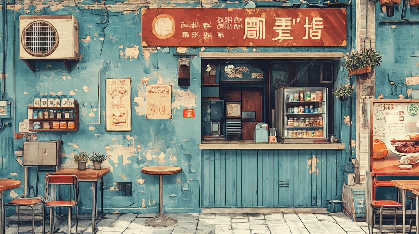 复古蓝色街边小吃店