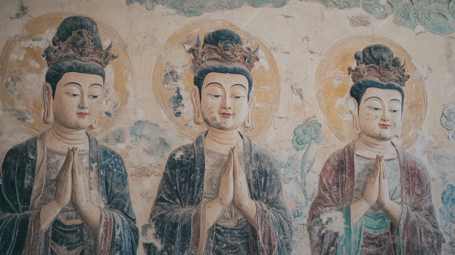 三尊佛像壁画特写