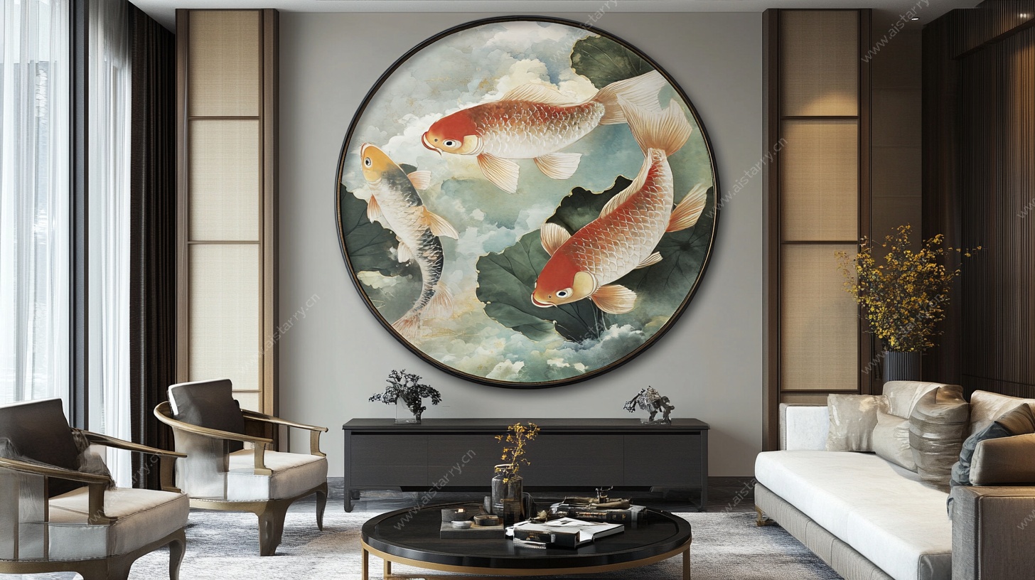 中式客厅中的锦鲤圆形挂画