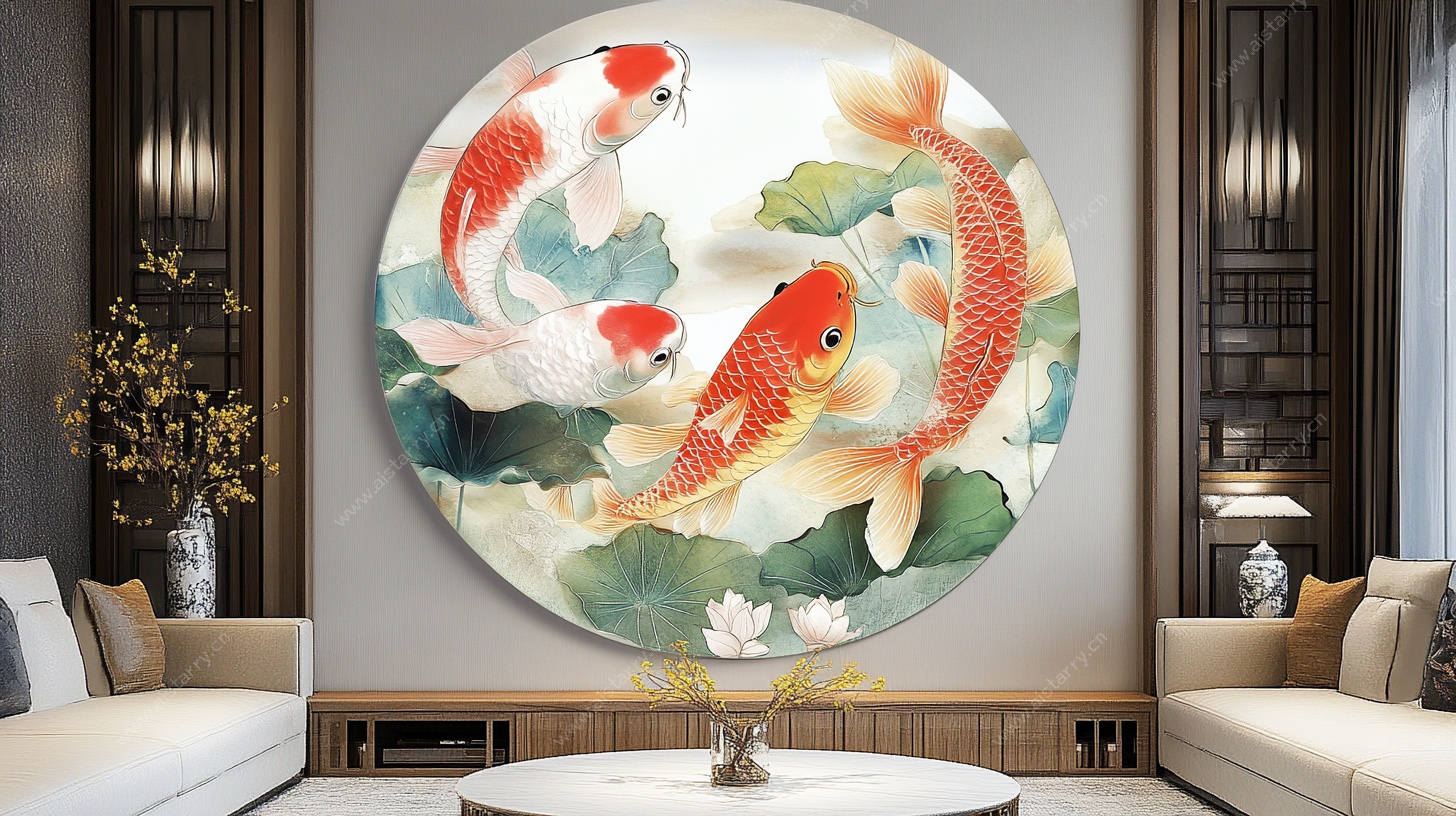 圆形锦鲤中式客厅装饰画