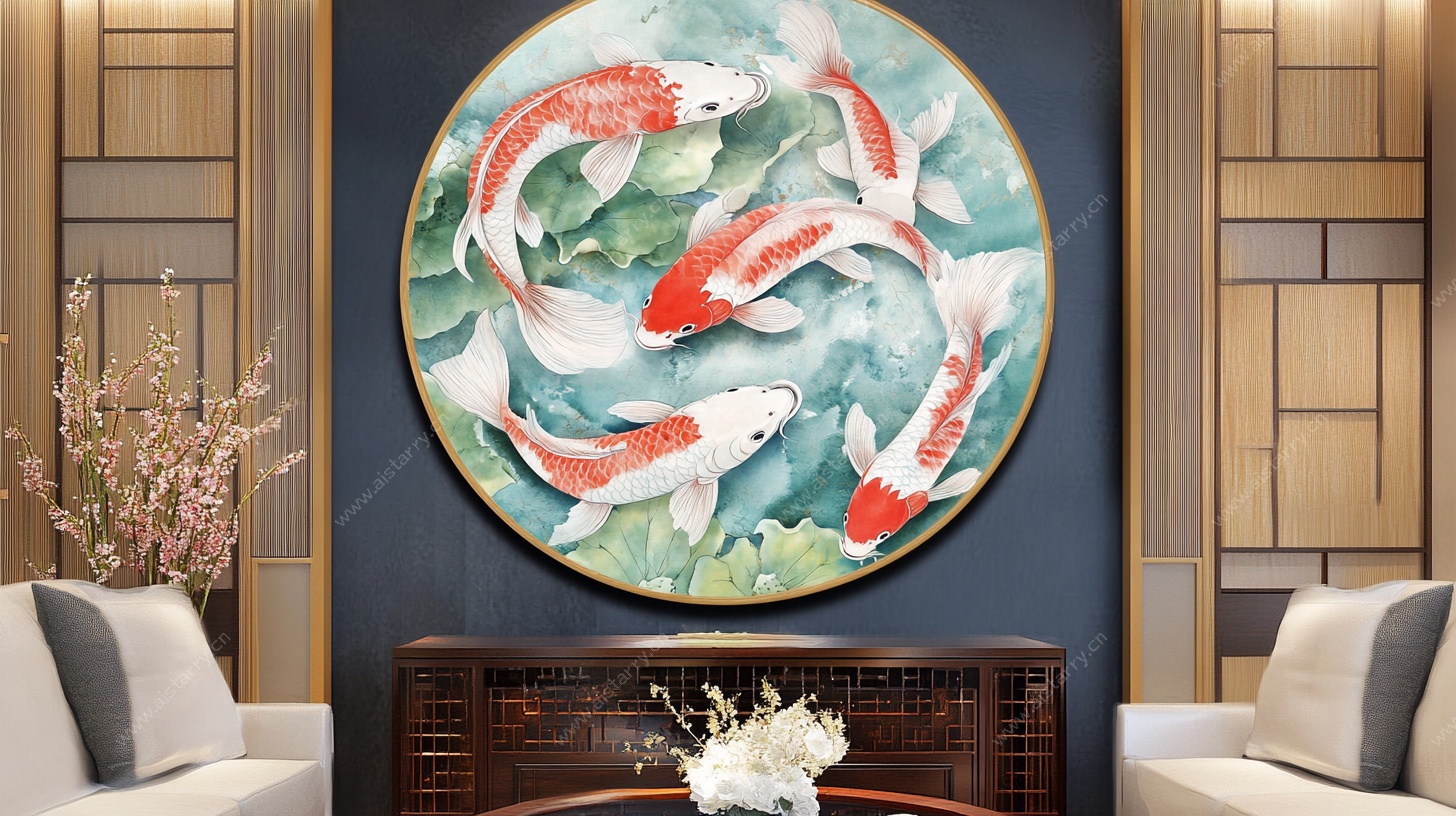 中式客厅圆形锦鲤装饰画