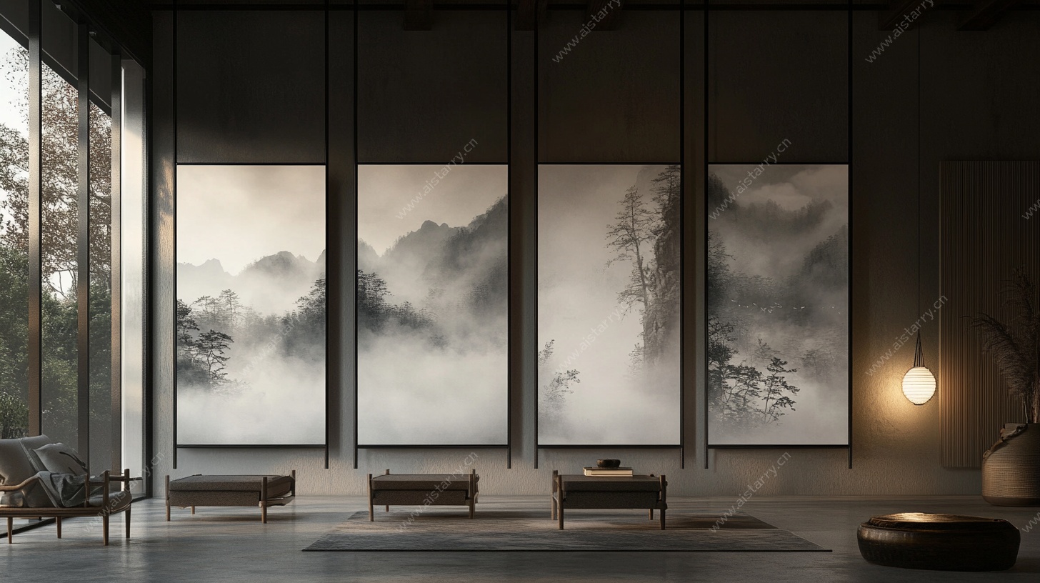 中式禅意客厅山水挂画场景