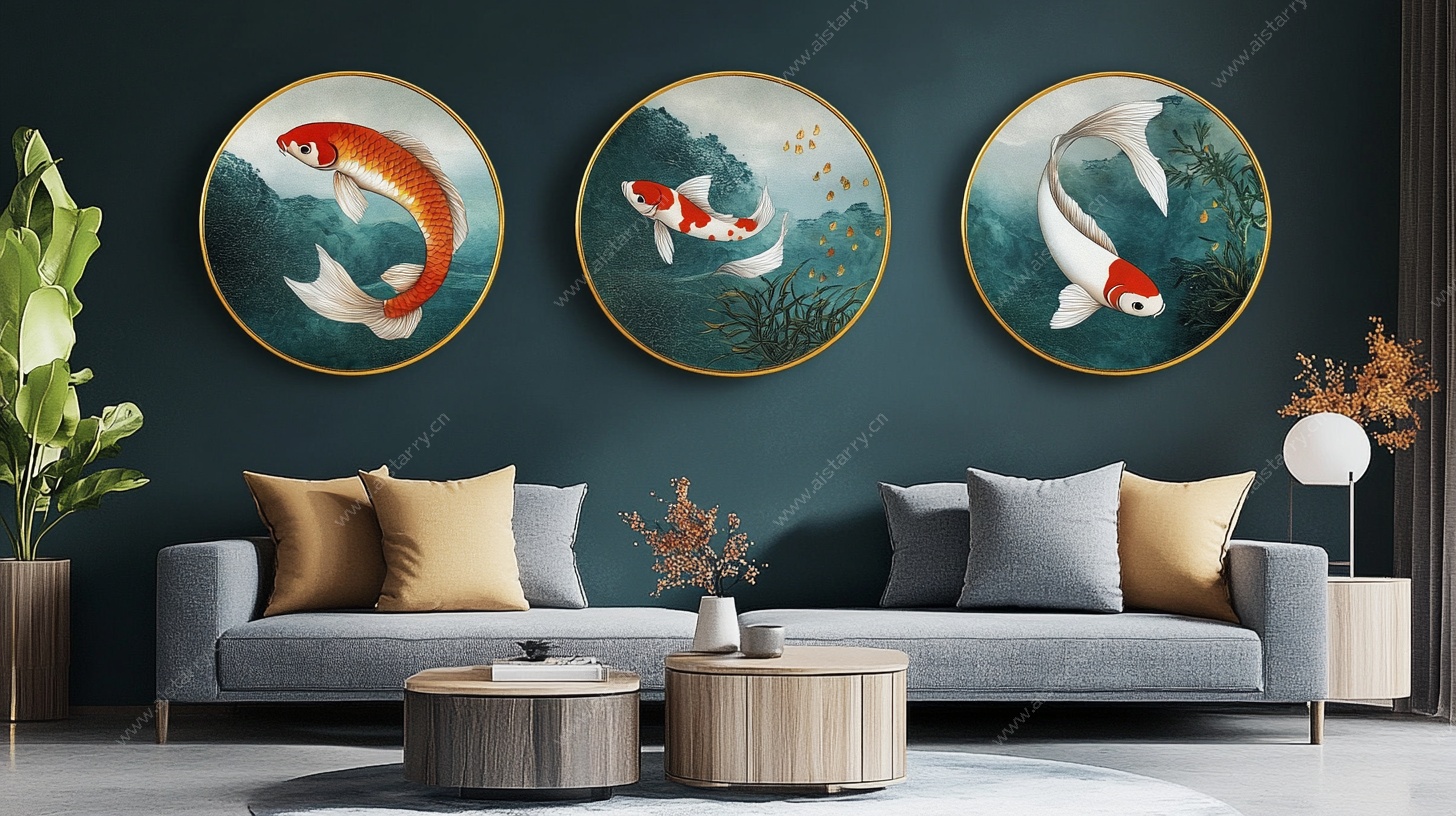 中式客厅三幅锦鲤装饰画