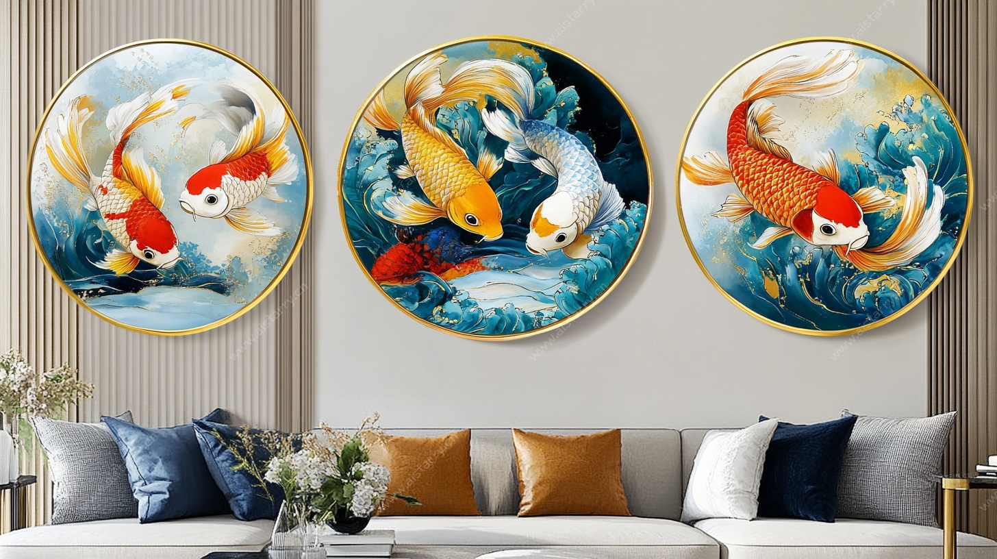 三联圆形锦鲤装饰画