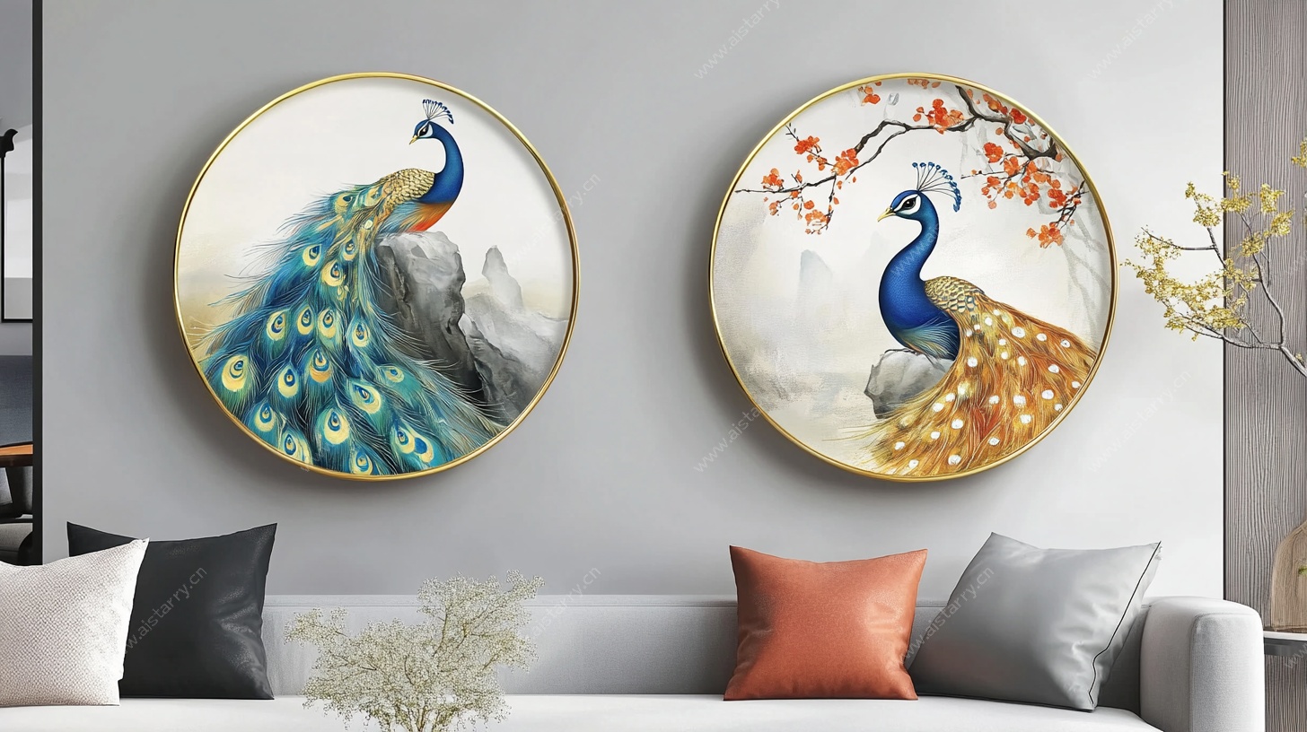 中式孔雀圆形装饰画