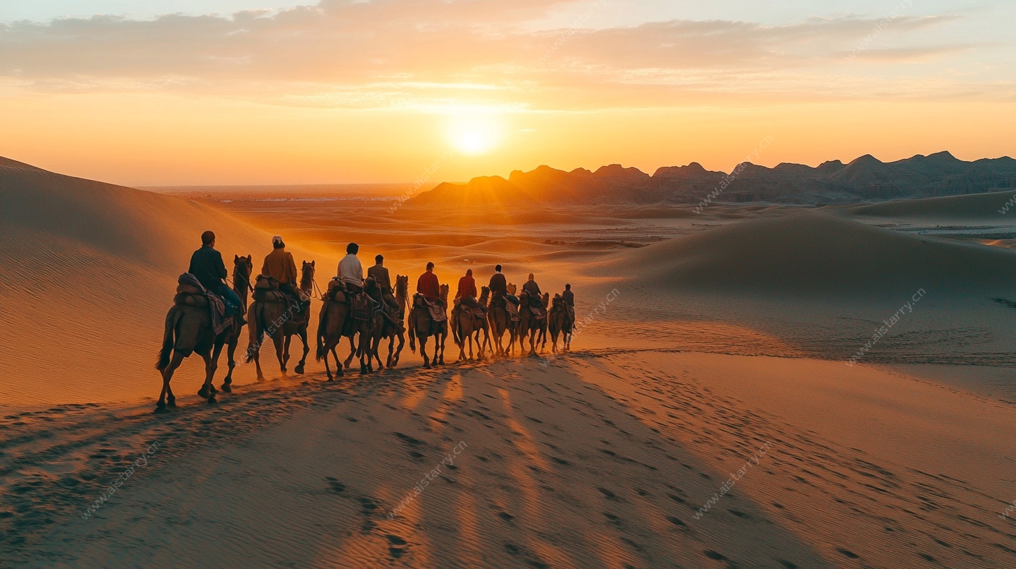 沙漠落日下的骆驼骑行队