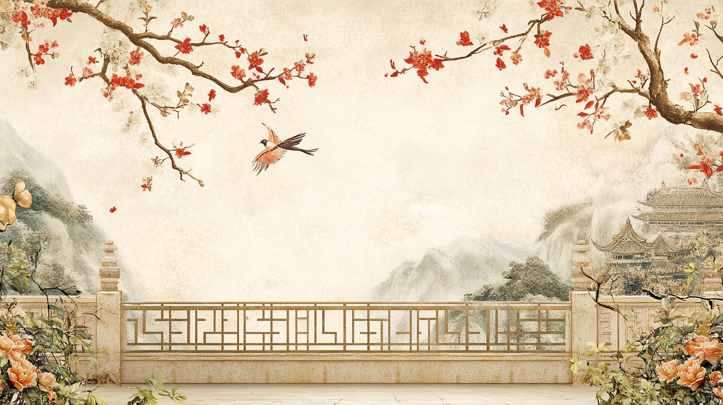 中式花鸟山水古风背景图