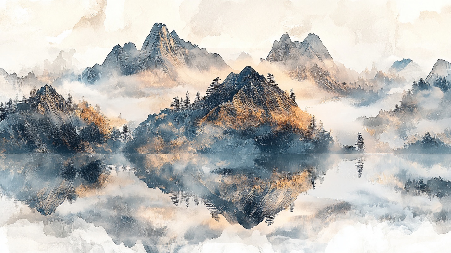 水墨山水湖景意境画