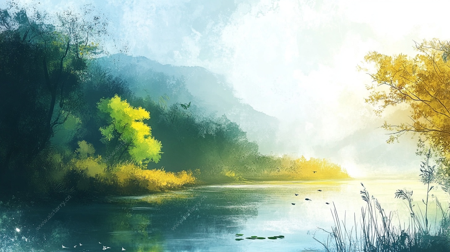 湖畔晨景山水梦幻风光图