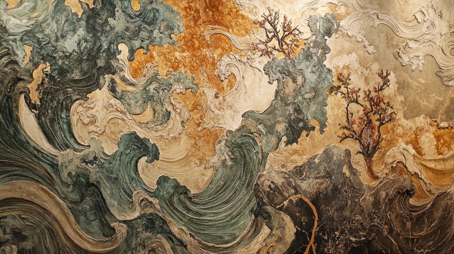 中式水墨风海浪山石图