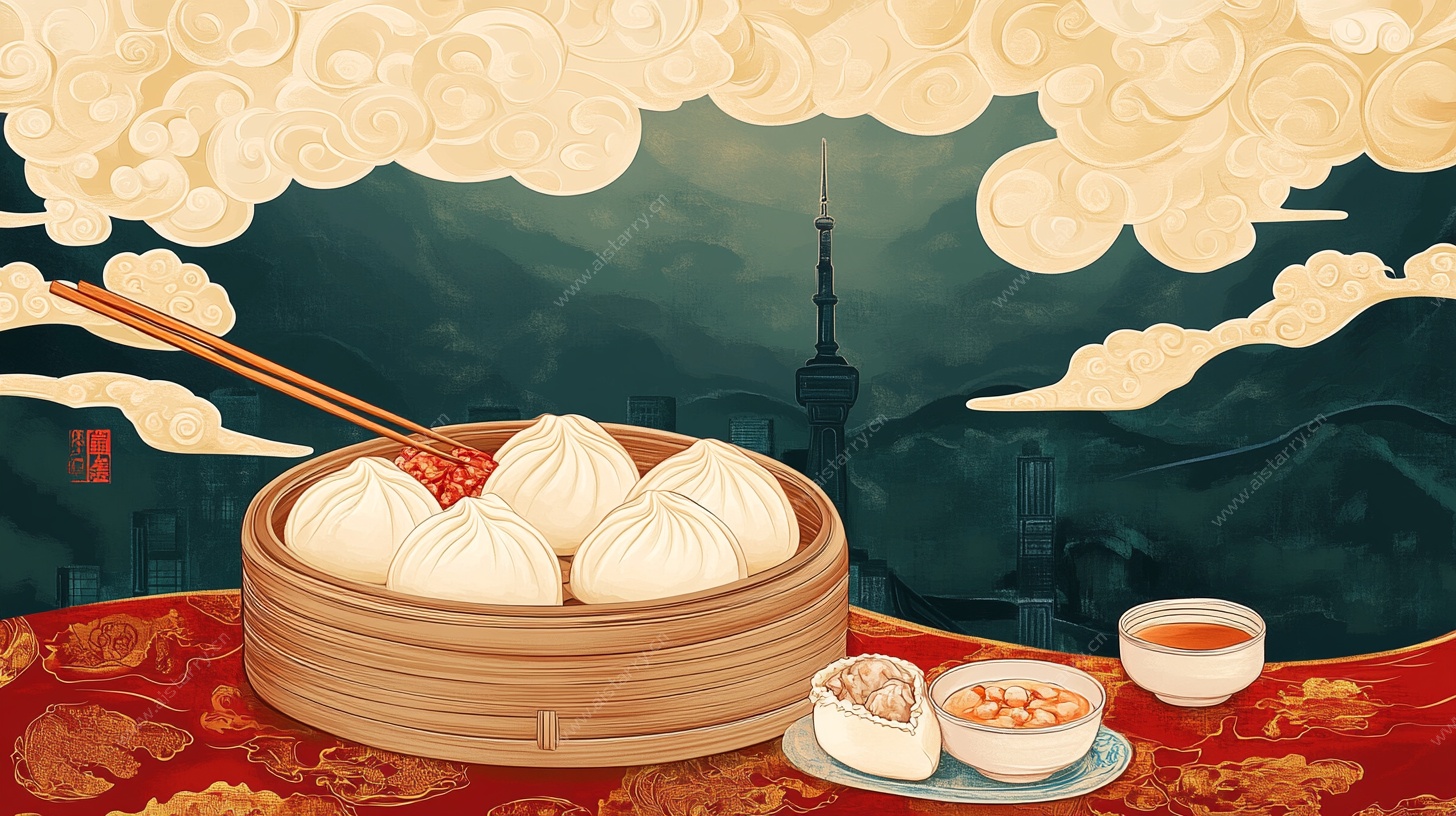 中式蒸笼汤包插画美食图
