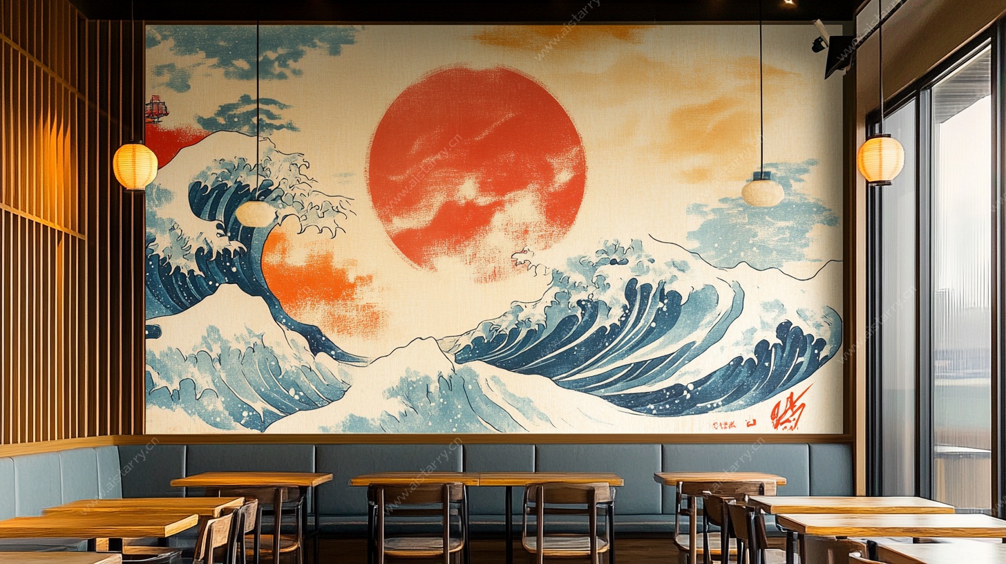 日式浮世绘风格餐厅墙画