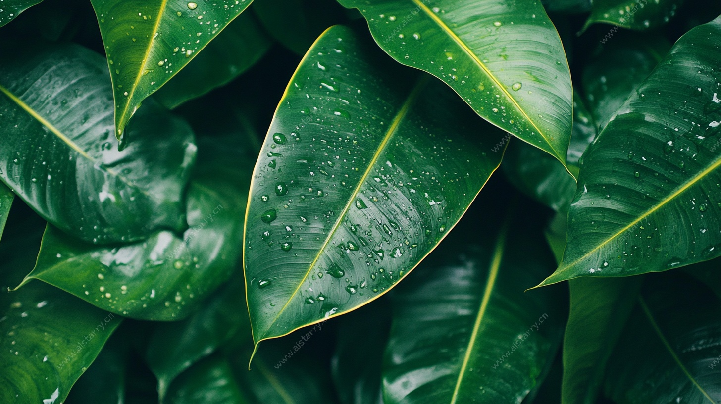 带水珠的翠绿叶片