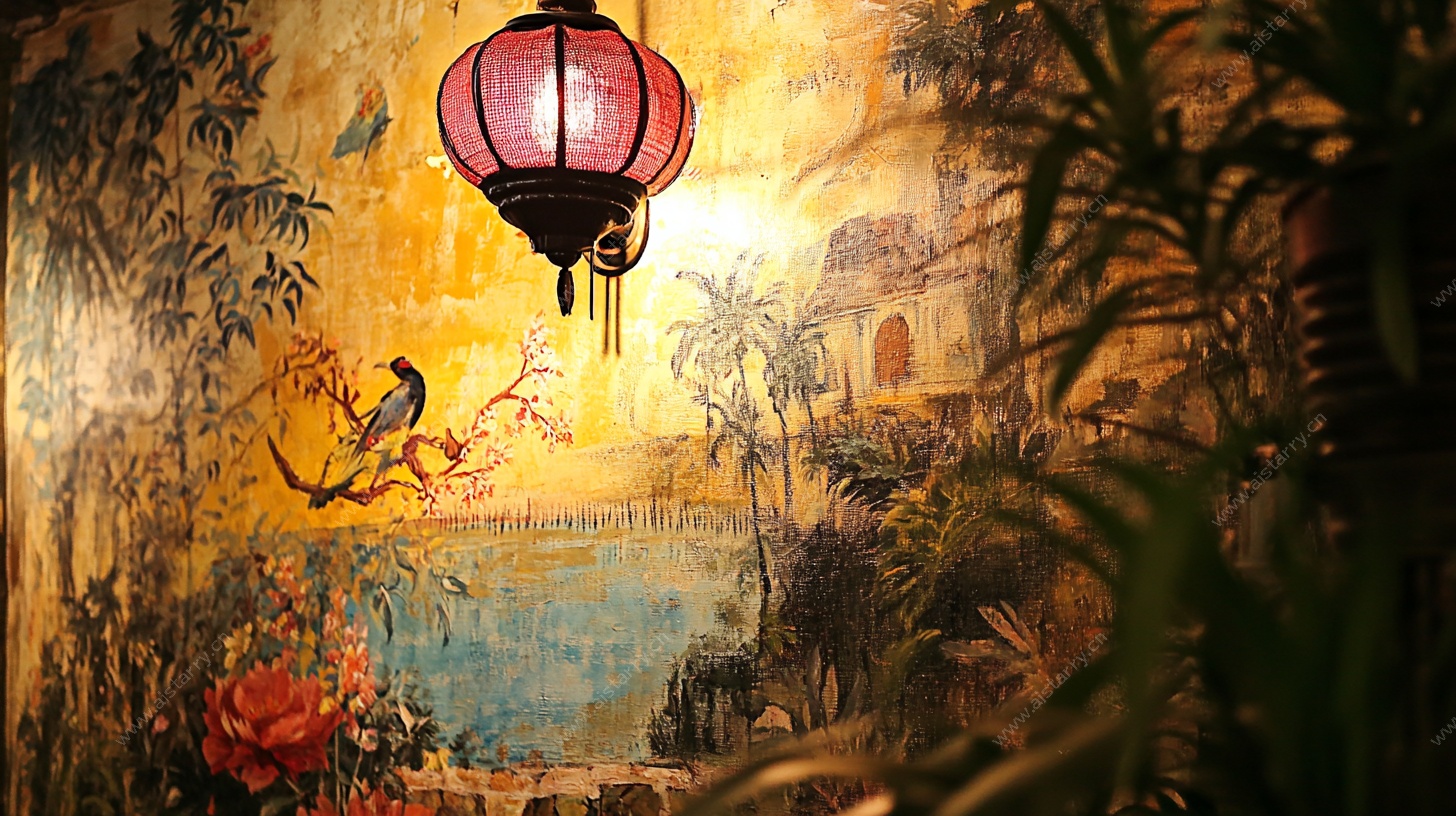 中式壁画旁的古典红灯笼