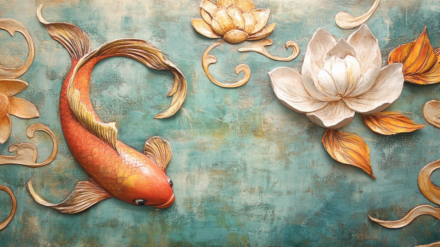 中式浮雕锦鲤荷花装饰图