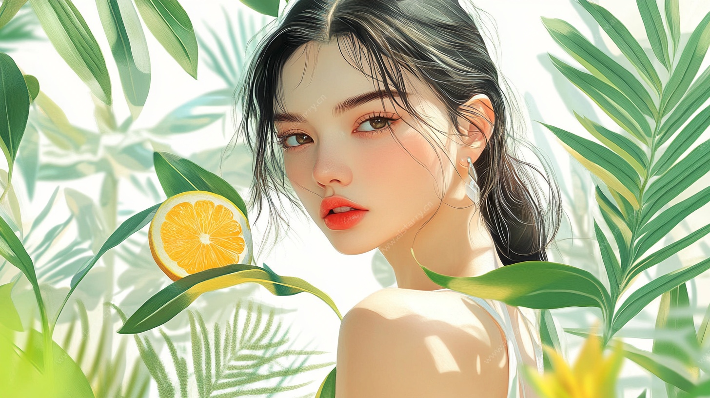 绿叶间的清新少女