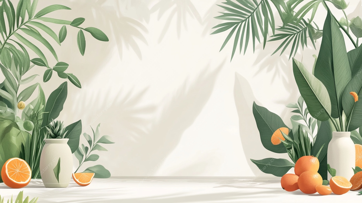 清新绿植与柑橘静物场景