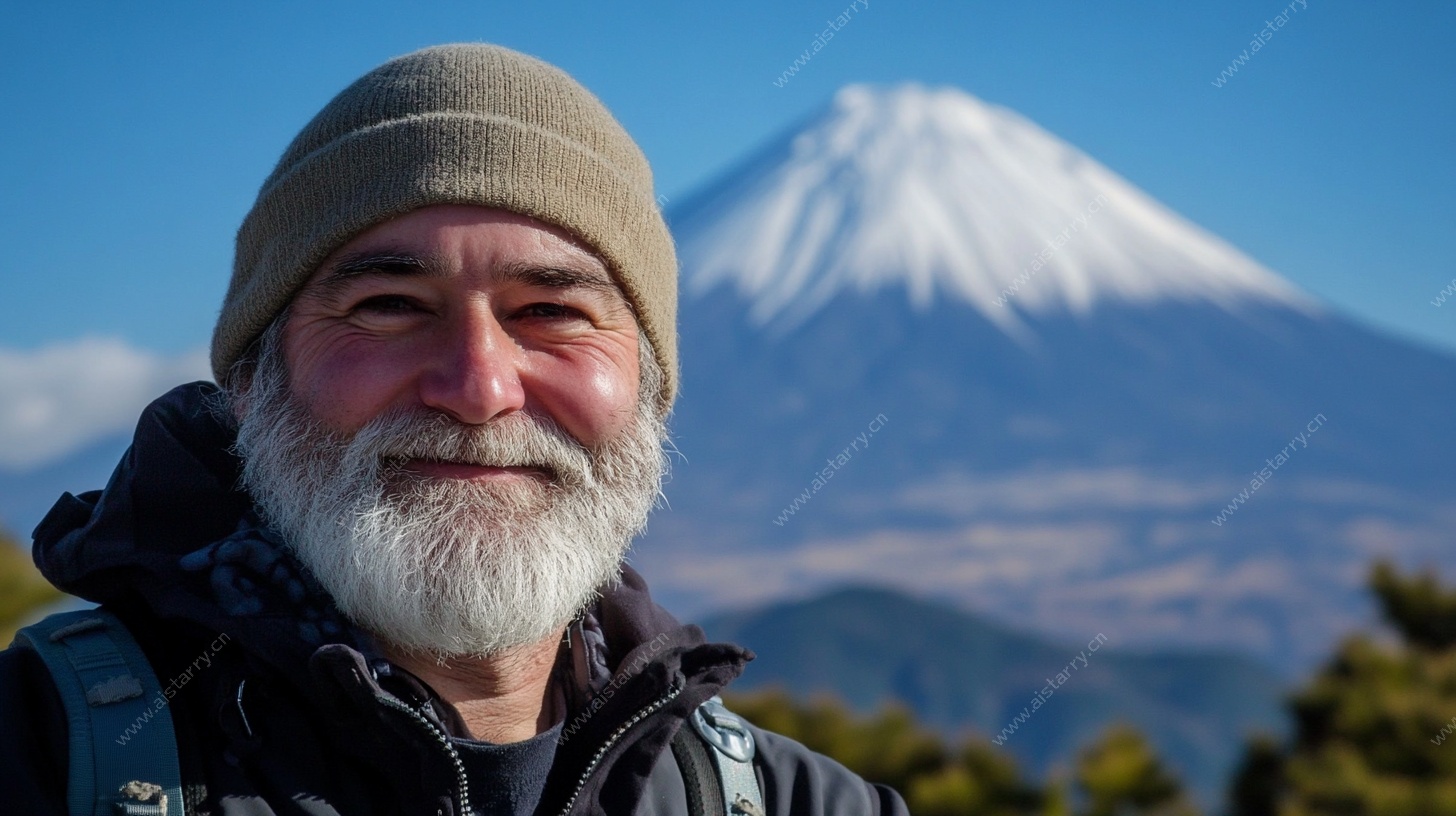 富士山前的背包徒步老者
