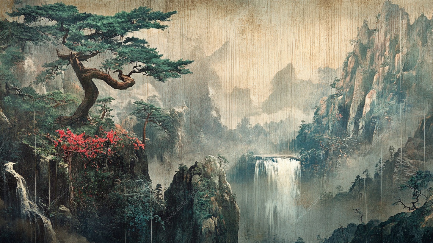 水墨山水劲松瀑布图