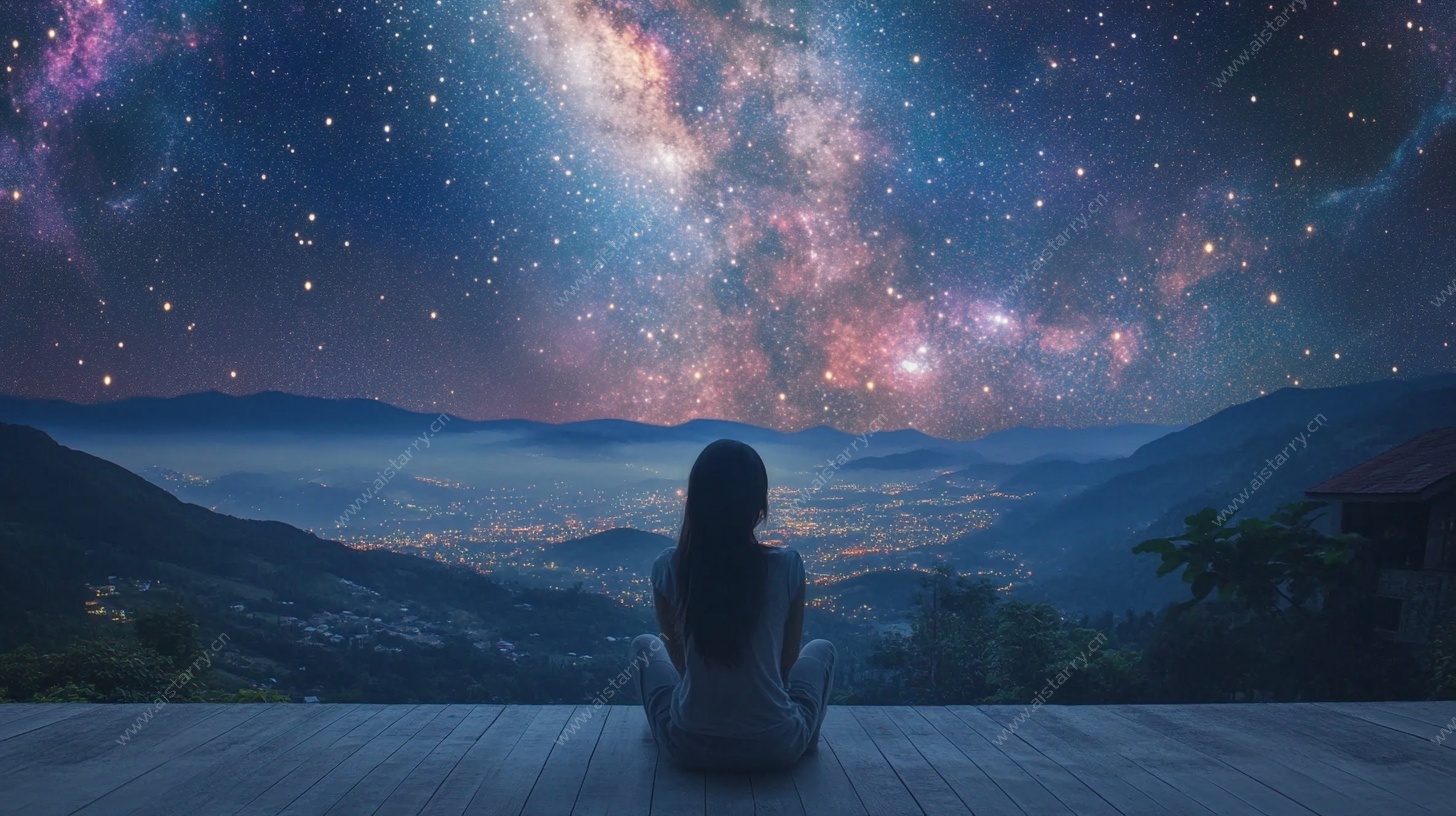 女子静赏星空下的山川美景