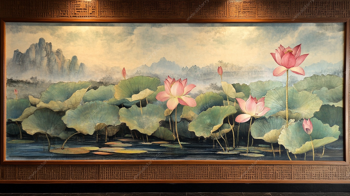 中式荷花山水装饰画