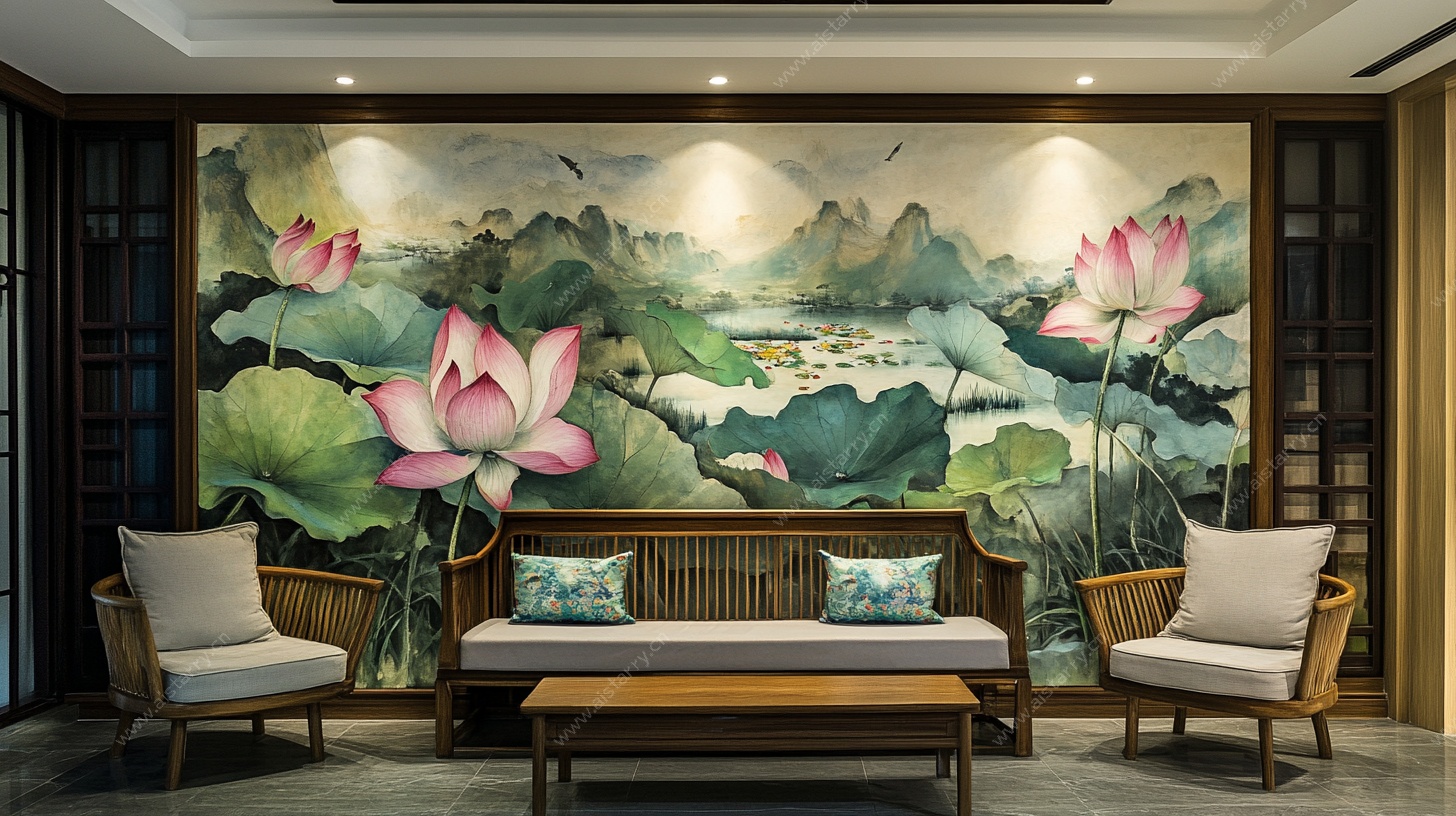 中式客厅荷花山水壁画