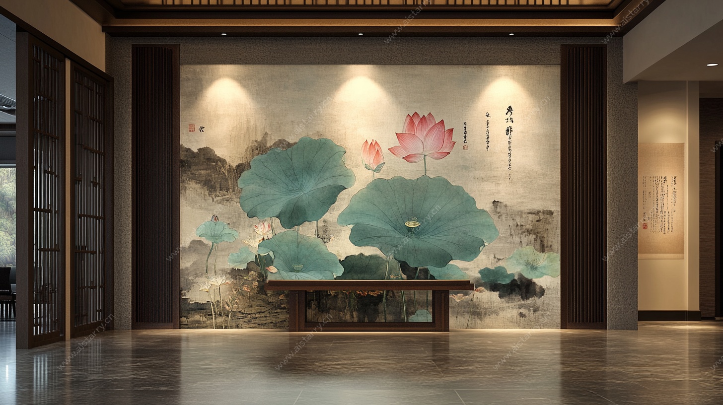 中式大厅水墨荷花背景墙