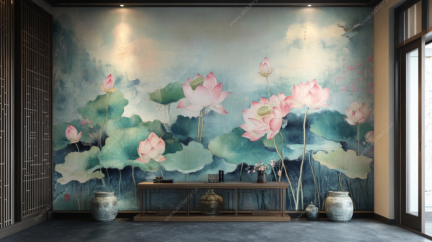 中式荷花壁画装饰室内空间