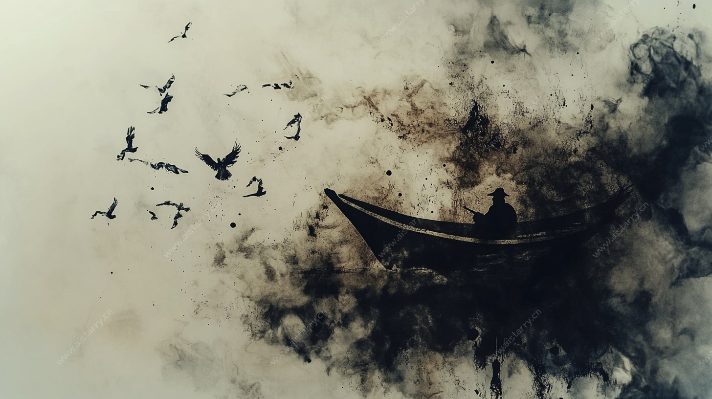 孤舟飞鸟水墨意境图