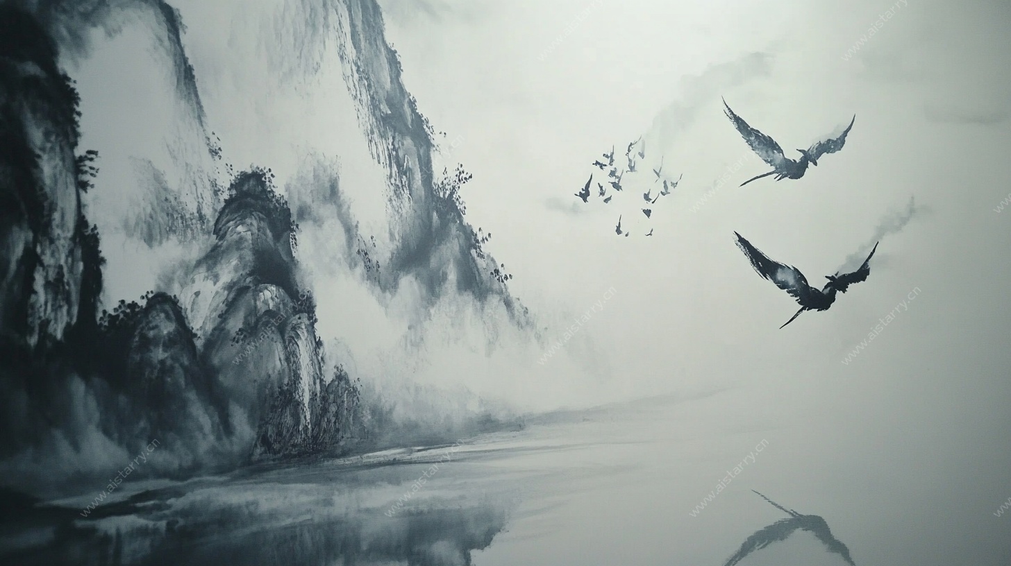 水墨山水飞鸟图