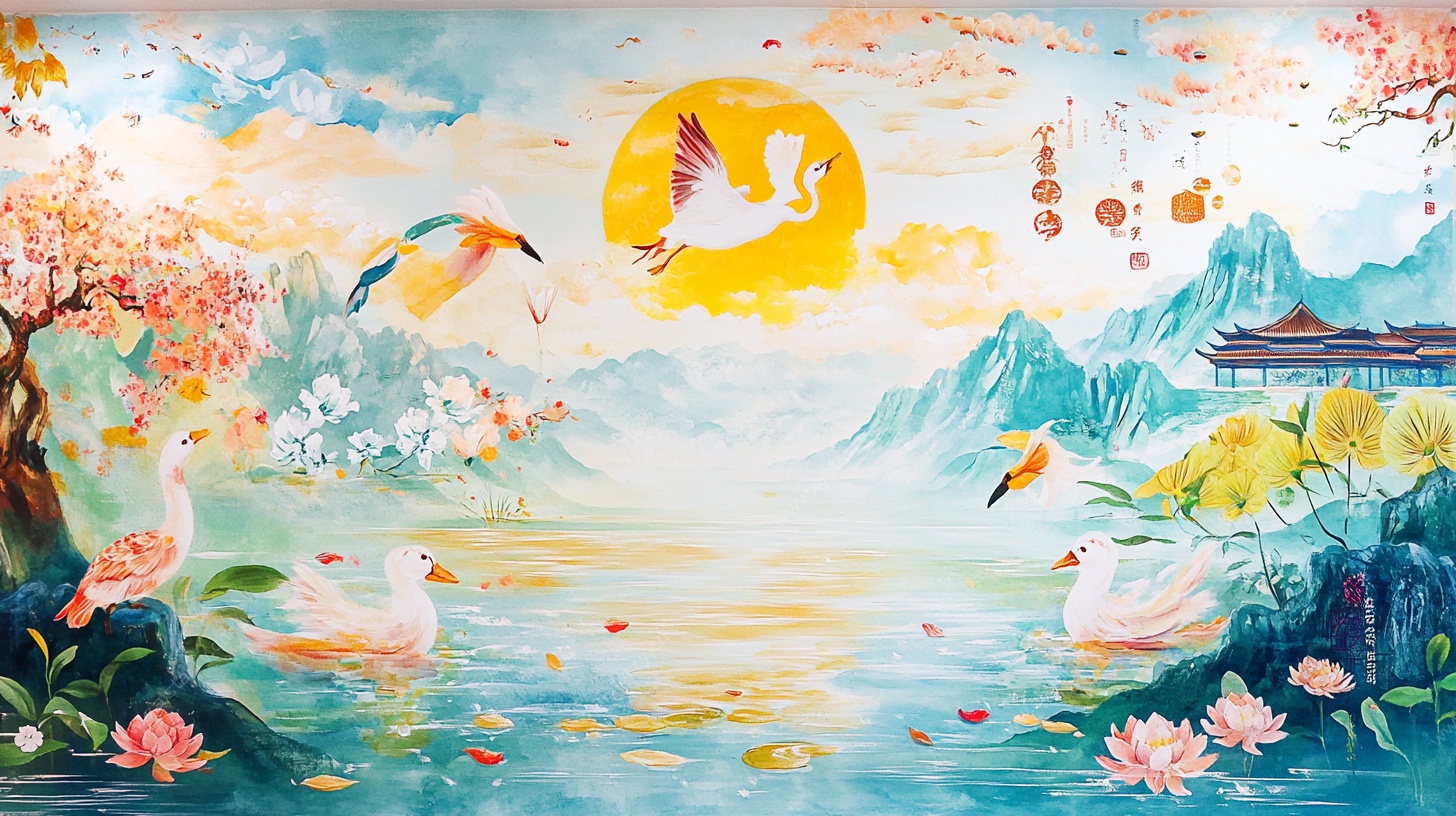 春日山水间飞鸟繁花图景